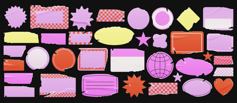 Pink ripped and wrinkled blank vintage old labels, starburst shapes, glossy tape set. Pop style name tag designs. Checkered girly planner frame stickers for collage, scrapbook, notebook.