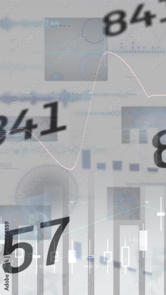 Poster animation of financial graphs and changing numbers on grey background