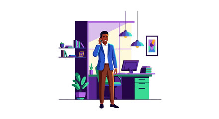 Obraz premium Smiling Businessman on Phone Call in Modern Office.