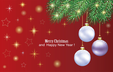 Happy New Year. Christmas glowing background with balls hanging on fir branches for banners, posters, greeting cards. Vector illustration
