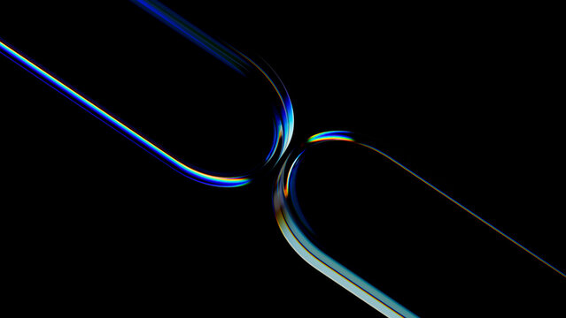 Abstract 3D render of glowing light trails with chromatic aberration; a futuristic wallpaper graphic for technology and science