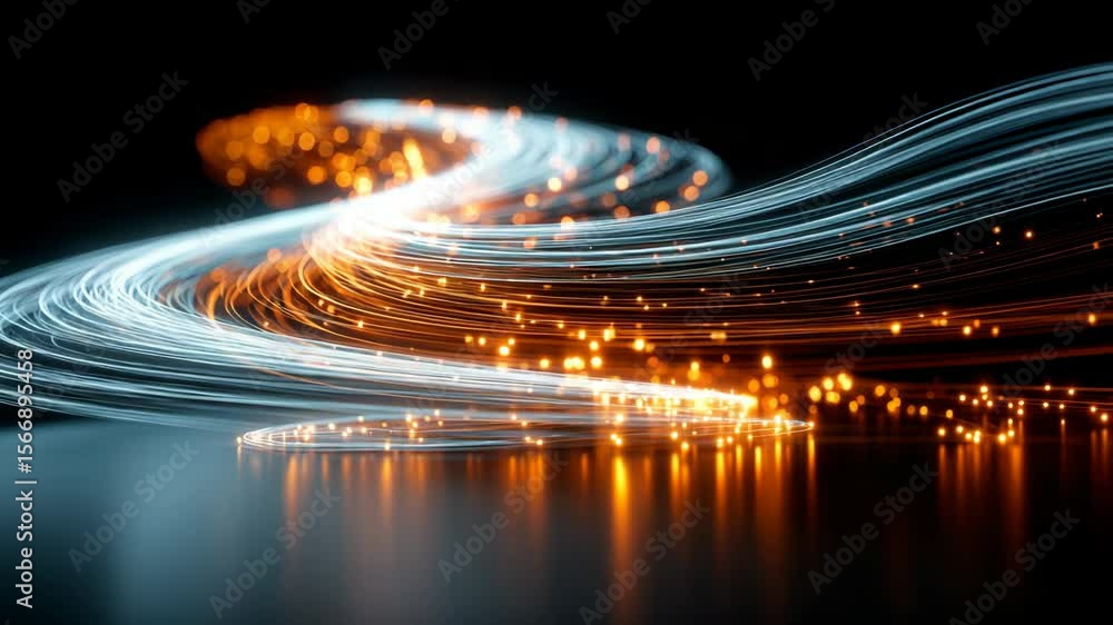 Poster dynamic light trails with glowing particles creating a futuristic motion effect