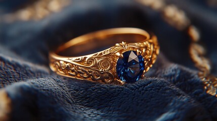 Close up of an intricately designed gold ring with delicate engravings set with a sparkling blue sapphire centerpiece displayed against a soft velvet background for elegance