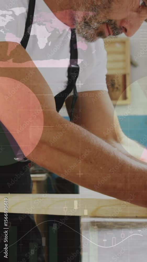 Poster animation of world map and data processing over caucasian male carpenter working in workshop