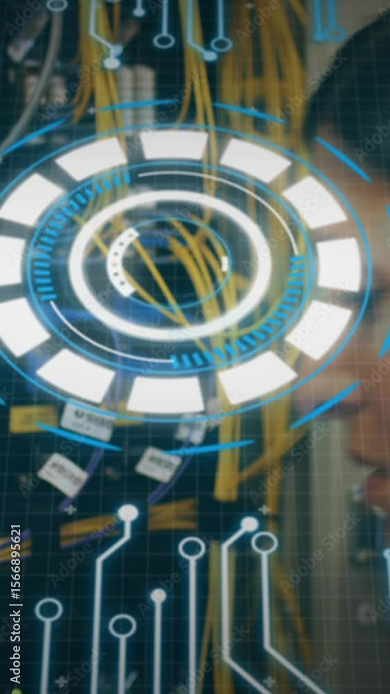 Poster animation of round scanner and data processing over female engineer working at server room