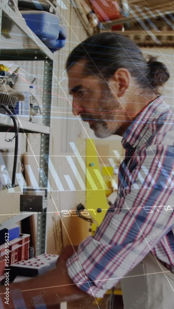 Poster animation of data processing over caucasian male carpenter working in workshop