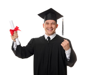 Happy student with diploma after graduation on white background