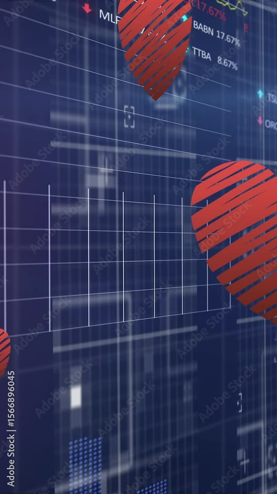 Poster animation of heart icons over graph and data processing