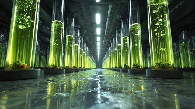 Symmetrical rows of glowing green microalgae photobioreactor tubes in a futuristic biotech facility. Bubbles rise in unison inside tall transparent cylinders on a reflective floor surface.