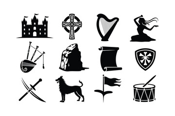 Castle Celtic Cross Harp Dancing Woman Bagpipes Rock Scroll Shield Swords Wolf Flag Drum