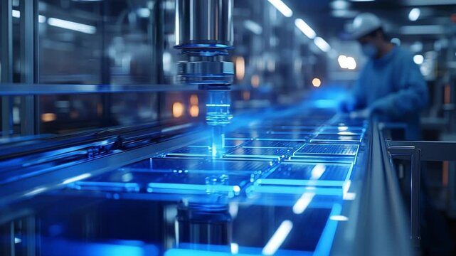 Automated cleanroom manufacturing of tandem perovskite-silicon solar cells on glass wafers with precision slot-die coating and blue UV curing lights in a high-tech production line.