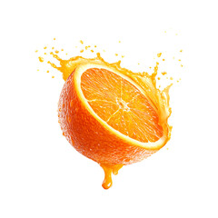 Close up of a juicy orange half with splashing juice and droplets falling isolated on transparent background