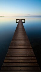 Obraz premium Wooden pier extending into a tranquil, reflective lake at sunset. The clear sky and calm water convey serenity and peacefulness.