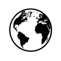 Black and white vector illustration of Earth globe showing continents of North America, South America, Europe, and Africa in minimalist style with white background