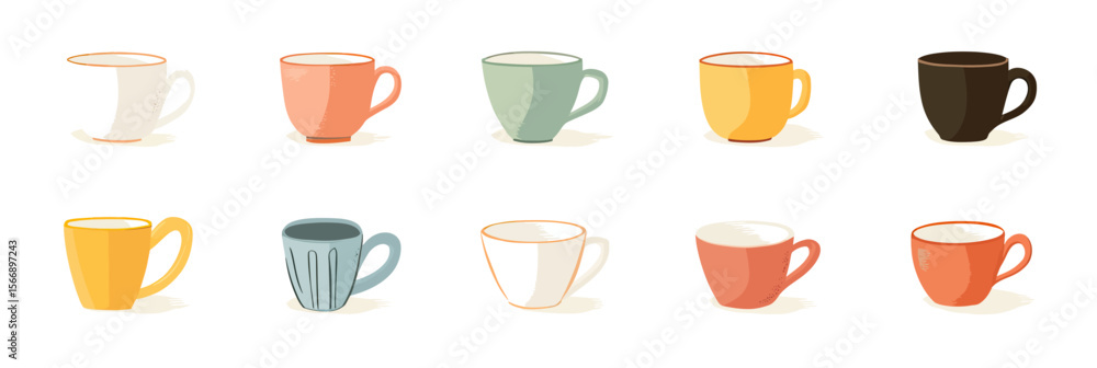Poster set of ten different colored coffee cups and mugs in flat minimalist vector style with shadows on wh