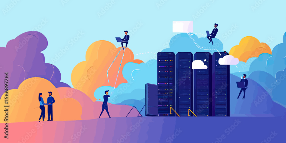 Poster business people working with cloud computing technology and data storage servers connected in modern