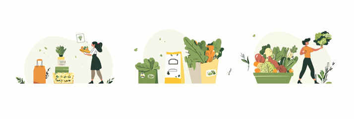 Flat minimalist vector illustration of woman shopping fresh organic vegetables online, paying for groceries, and receiving delivery in eco friendly packaging