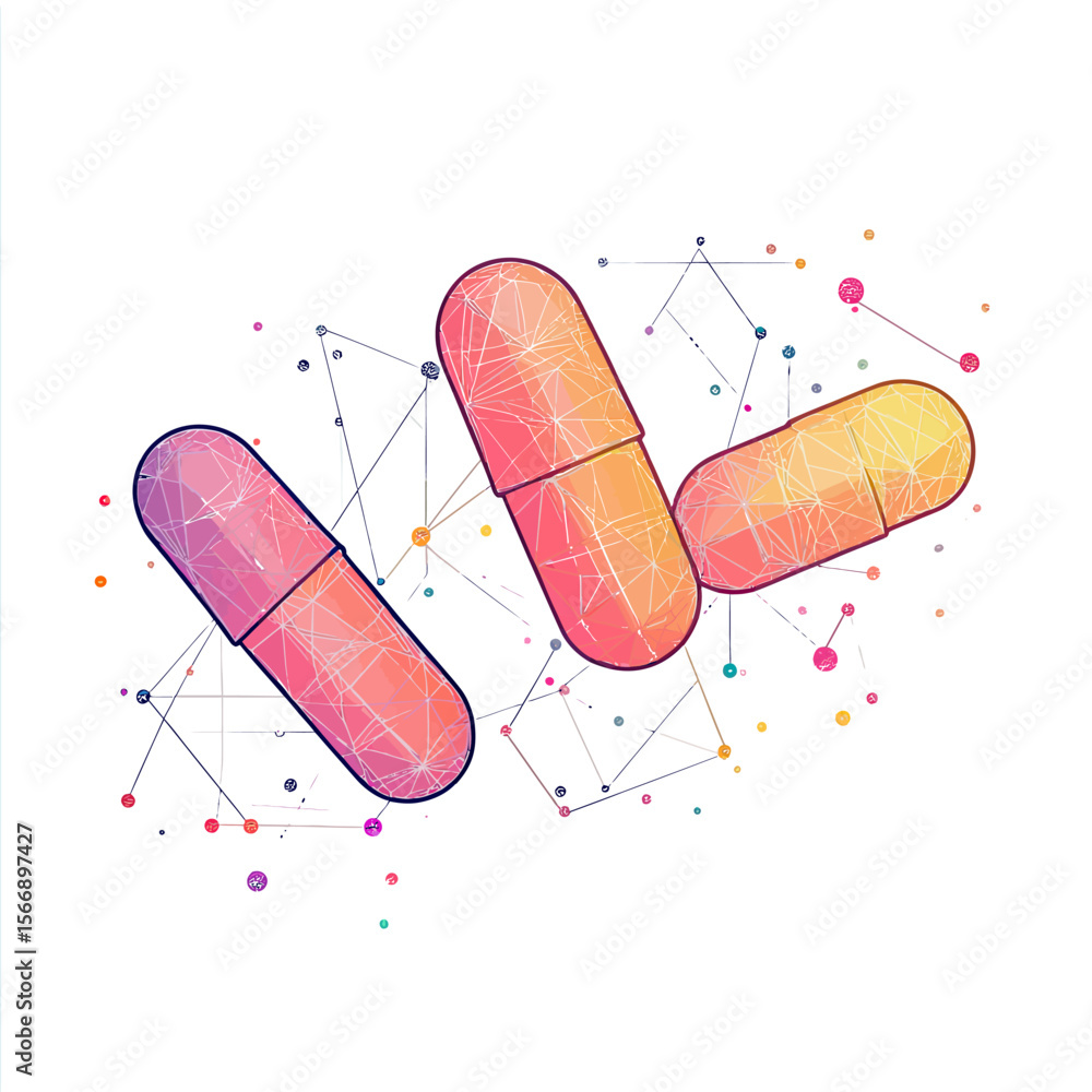 Poster low poly style vector illustration of three interconnected capsules in vibrant gradient colors with 