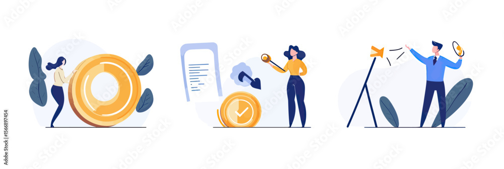 Poster business goal setting and achievement concept with characters analyzing target, checklist verificati