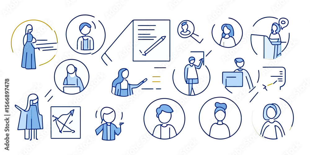 Poster hand drawn doodle line icons set of business people communication teamwork presentation networking a