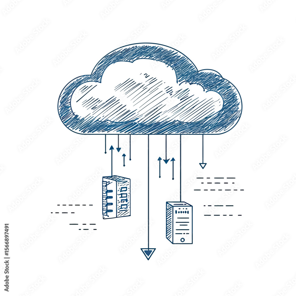 Poster hand drawn sketch cloud computing with data servers and download upload arrows digital storage techn