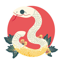 Fototapeta premium White snake with yellow scales coiled around floral leaves and flowers in front of large red circle background vector illustration design