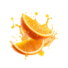 Two juicy orange slices splashing with vibrant orange juice and droplets isolated on transparent background