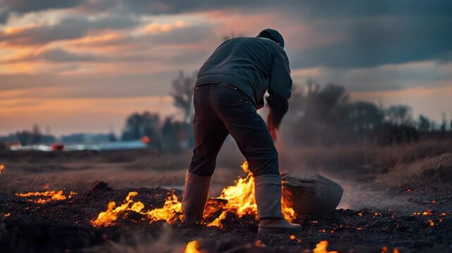 At sunset, a rural farmer tends a smokeless pyrolysis kiln, glowing with orange embers, carefully shoveling biochar into a container as the landscape fades into twilight and calm skies.