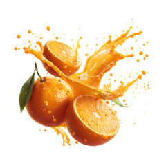 Dynamic orange splash with juice droplets and fresh fruit halves and whole orange isolated on transparent background