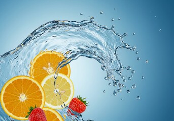 Refreshing Citrus Burst: Orange, Lemon, Strawberry with Water Splash on Blue