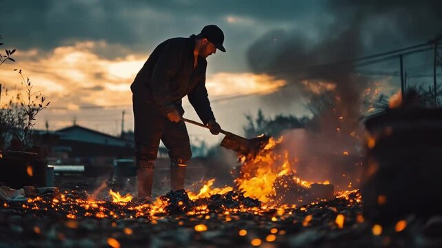 A rural farmer works at dusk with a smokeless pyrolysis kiln, shoveling glowing biochar under fiery embers, as the sky darkens and stars begin to emerge in the evening haze.