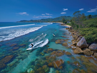 Surfer riding a wave in clear turquoise water, with rocky shoreline and lush greenery in the background, capturing the essence of adventure and coastal beauty