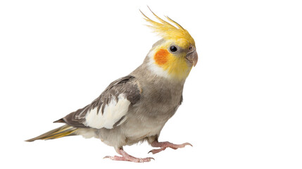 Cockatiel bird with vibrant colors, standing isolated on a white background.