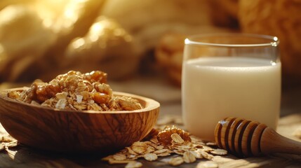 Toasted honey nut cereal with milk, tasty & healthy.