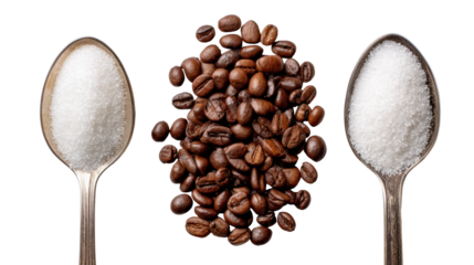Coffee beans and sugar on spoons, isolated on a white background.