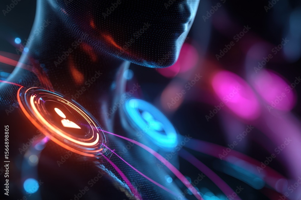 Aufkleber futuristic humanoid figure displaying vibrant neon circuits and glowing interfaces in a digital envi