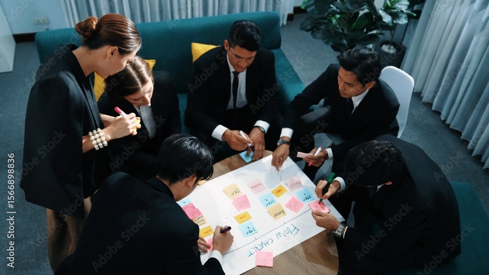 Poster top view of business people making scrum task board to manage workflow in workplace. diverse marketi