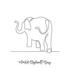One continuous line drawing of World Elephant Day vector illustration. World Elephant Day themes design concept in simple linear continuous line. Suitable design for your campaign and design asset.
