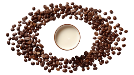 Coffee beans shaped in an eye pattern surrounding a small cup of cream, isolated on white background.