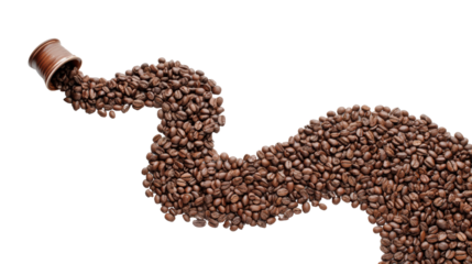 Coffee beans spilling from a container, creating a flowing pattern on a white isolate background.