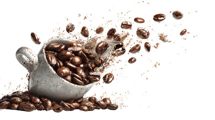 Coffee beans spilling from a white cup, isolated on a white background.