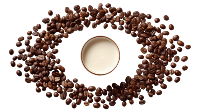 Coffee beans shaped in an eye pattern surrounding a small cup of cream, isolated on white background.