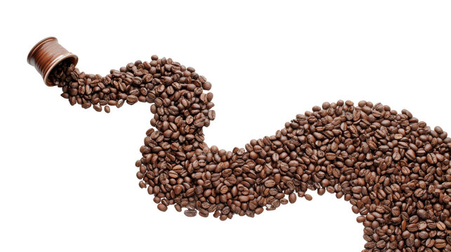 Coffee beans spilling from a container, creating a flowing pattern on a white isolate background.