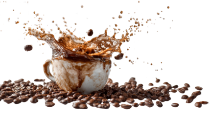 Coffee cup with splash, coffee beans scattered, vibrant action captured, white isolated background.