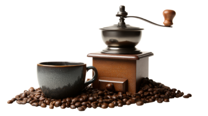 Coffee grinder and cup on coffee beans, isolated on white background.