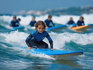 Obraz premium Young boy in blue wetsuit rides a surfboard on ocean waves, demonstrating skill and focus while surrounded by other surfers in a vibrant beach setting