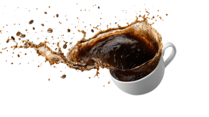 Coffee splashing from a white cup on a black background, showcasing dynamic movement and rich texture.
