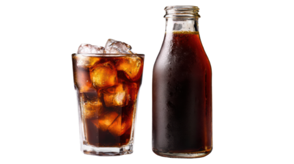 Cold beverage in glass cup with ice and bottle on white isolate background.