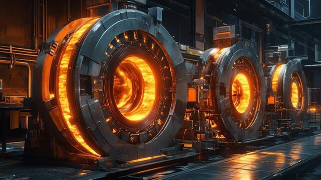 Rows of industrial furnaces actively demagnetizing rare-earth rotors with intense glowing coils and flying sparks. A gritty, high-tech workshop environment advanced recycling technology in action