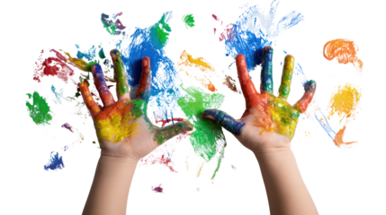 Colorful painted hands against a bright background, showcasing creativity and artistic expression.